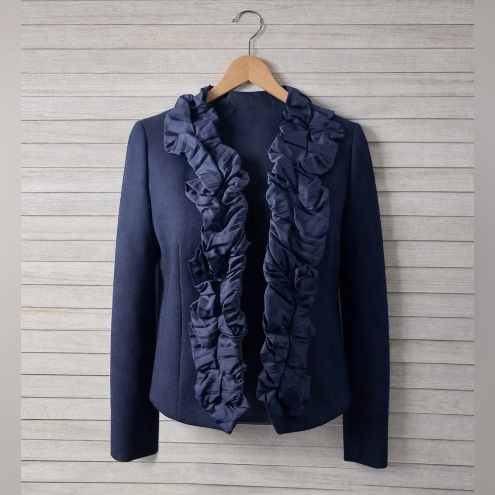 J.Crew Navy Ruffle Blazer Size 0 Feminine Statement Career Jacket Preppy Chic